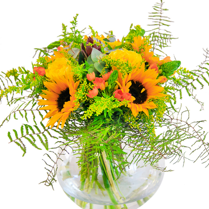 The first impression given by this luxurious bouquet set from a Battersea florist is one of blazing summer joy-sunlight captured in each layer of bursting sunflower and golden rose. The arrangement, presented in a modern clear spherical vase, gleams against a crisp white backdrop reminiscent of the light reflected off Thames riverside homes. The sunflowers form the heart of this display, each bloom's velvet-like yellow-orange petals curling lovingly around a signature dark chocolate centre, radiating a comforting warmth. Scattered thoughtfully throughout, tightly petalled yellow garden roses add structure and a soft, classic fragrance, their buttery hues reminiscent of afternoon sunlight catching on Battersea's historic brick facades. Scarlet clusters of hypericum berries inject lively contrast, sparkling among the various shades of verdant green-ferns, feathery greens, and slender spikes all mingle seamlessly, evoking the wild edges of local parks or secret garden corners. Eucalyptus leaves and delicate goldenrod add a rustic dimension, punctuating the whole with a whisper of woodland aroma. Viewed closely, the interplay of textures is unmistakable: the suede-soft sunflowers, velvety rose layers, glossy berries, and crisp, fresh greens. The glass vase grounds the bouquet visually, highlighting each submerged stem and amplifying a sense of freshness and life. Perfect for birthdays, intimate celebrations, or simply brightening a Battersea workspace or home, this artful creation embodies Battersea Florist's commitment to bringing a piece of local sunshine onto every table.