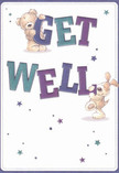 Joy spills from every detail of this Battersea-inspired get well card, capturing the playful optimism so often shared between loved ones. Two endearing companions-a teddy bear with soft-looking fur and a lively puppy with long, velvety ears-delight in balancing the large, colourful letters spelling out 'Get Well.' The saturated indigos and vibrant teals of the typography set off the cheerful characters, standing confidently against a creamy white background. Scattered stars shimmer in shades of blue and purple, lending a hint of Battersea's evening magic to the scene. The illustration's inviting textures-downy bear plush and puppy's tactile fur-conjure the gentle comfort of a caring embrace, not unlike the soothing presence of thoughtfully arranged flowers. Designed to send warmth and heartfelt kindness across Battersea, this card's gentle exuberance offers a balm of goodwill, much like a bouquet delivered with local expertise to someone's home after a stroll through Battersea Park.